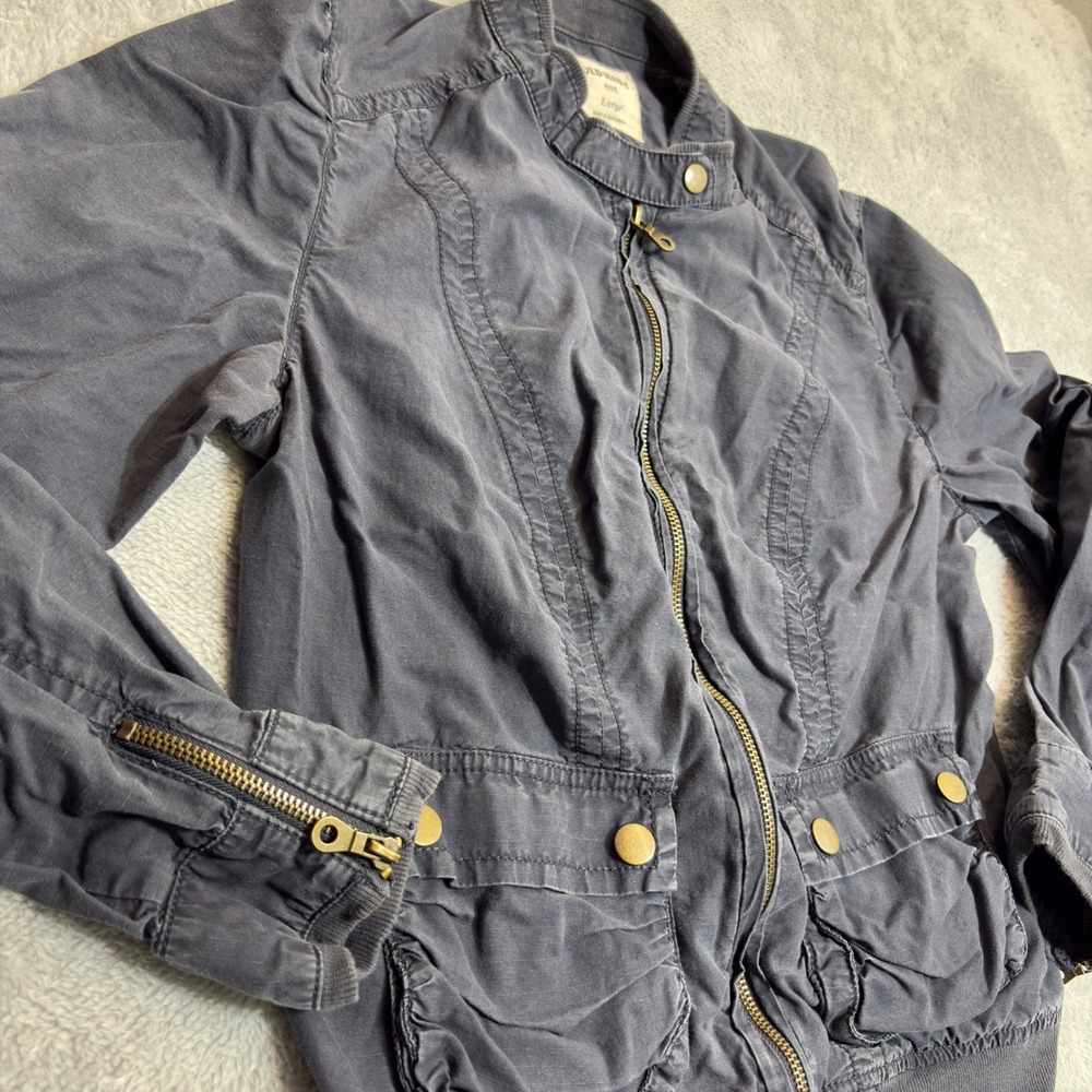 Old Navy Utility Bomber Jacket Girl Large Blue Cotton Tencel Zip Up Cargo Pocket